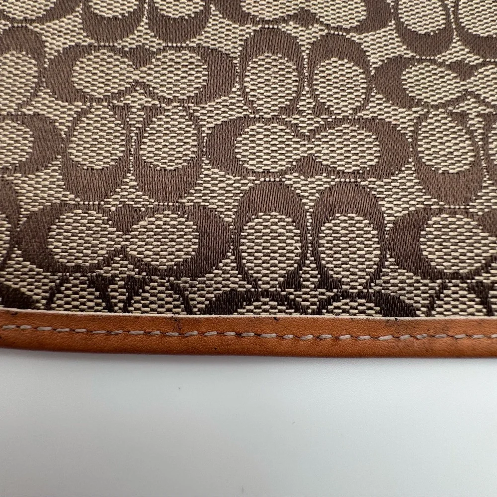 Vintage Coach Y2K Signature Jacquard Zip Pouch Brown Khaki Leather Trim Hangtag